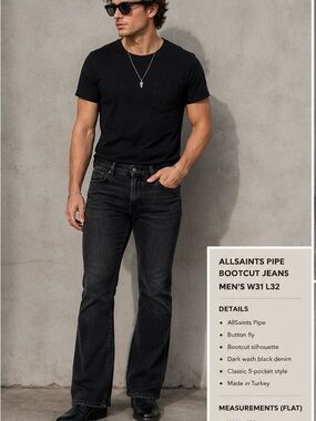 AllSaints Pipe Black Skinny Jeans Men’s W31 L32 Dark Wash